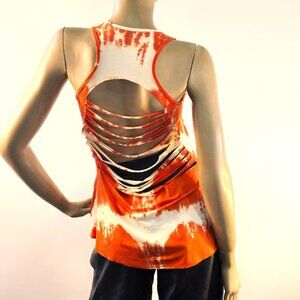 Shape Up Fitness Wear  Tie Dye Orange Red Shark-Bite Back Tank Top Womens Sz M/L